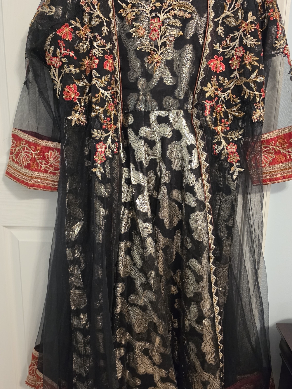 Black Long Sleeve Embroidered Ethnic Dress with Red & Gold Detailing Pakistani